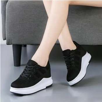 

Women Height increasing Wedges Shoes Round Toe Flats Zapatillas Mujer 2019 Autumn Platform Casual Black White Shoes A11-10