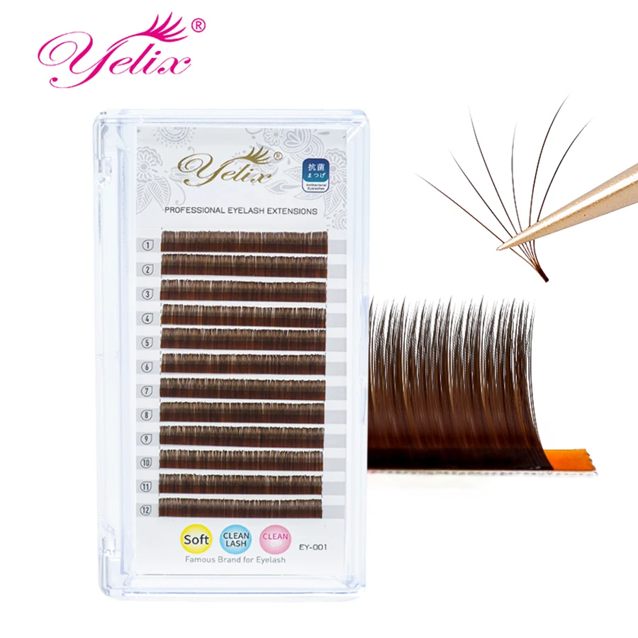 

Yelix Brown Easy Fanning Eyelash Extensions Soft Silk Easy Blooming Lashes Dark Brown Lash Extensions Faux Mink Lashes Natural
