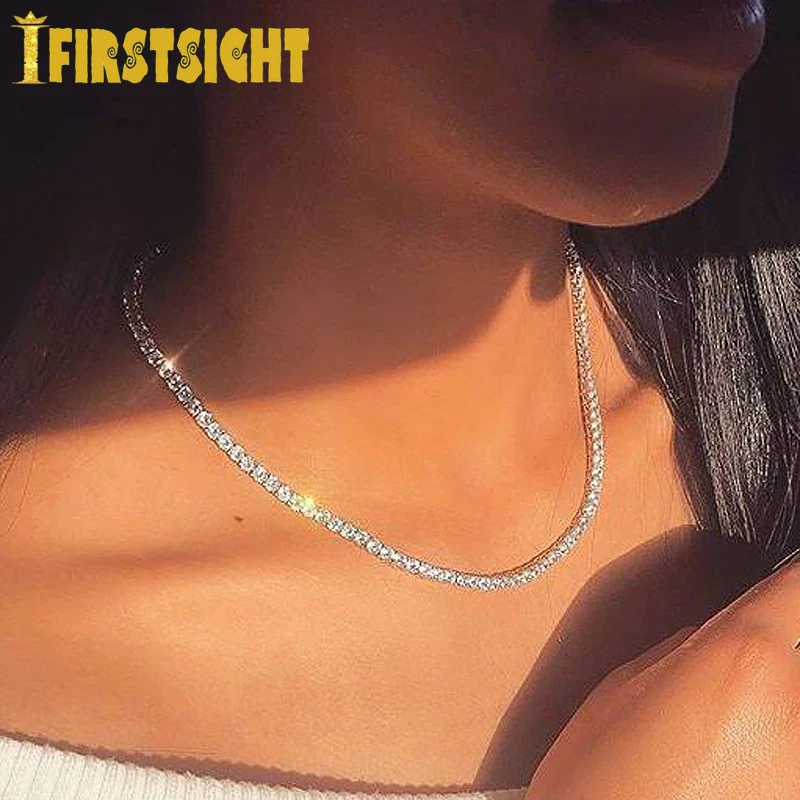 Silver Color Iced Out Bling 4mm Tennis Chain Necklace Hip Hop 