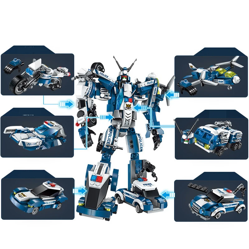 

577pcs 6In1 City Police Building Blocks Kids Assembling SWAT Aircraft Car Robot Toy Block Compatible with Legoed for Children