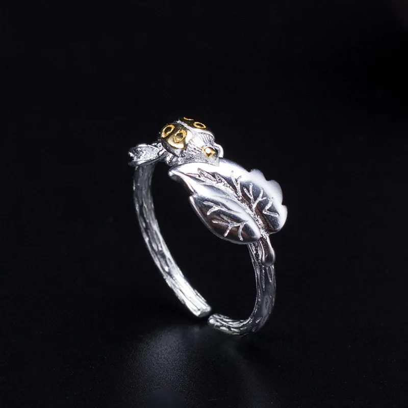 Ladybug leaf Chinese style ethnic ring 100% Sterling 925 silver Jewelry Vintage Adjustable rings for women girl gift free size