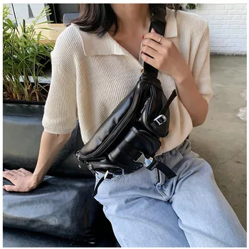 

Black Faux Leather Waist bag tide ins small black bag 2020 new bag fashion unisex small chest bag crossbody bags for women