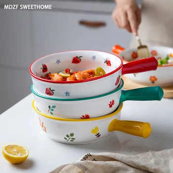 

MDZF 1000ml/600ml Ceramic Round Baking Pan With Handle Glaze Heat Resistant Baking Bowl Salad Noodles Bowls Bakeware Tary