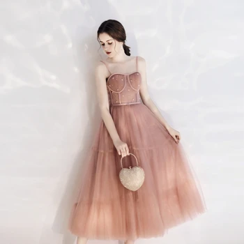 

New summer Bridesmaid Dress Medium and long fairy powder order wedding party temperament sling show thin celebrity