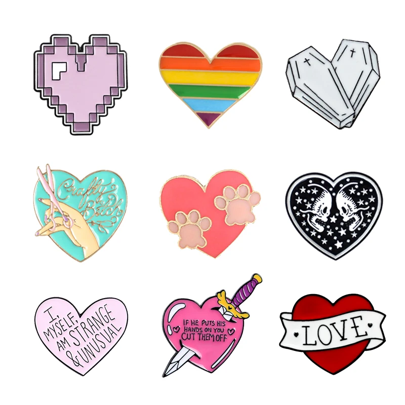 Pixel Love Heart радужные цветные значки в гробу симметричный скелет меч брошь для