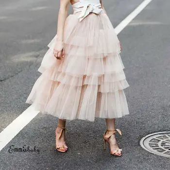 

Summer Lovely Girl Lace Tiered Ruffle Flower Cake Skirt Fashion High Waist Beach Midi Skirt Lady Mesh Ball Gown Skirt