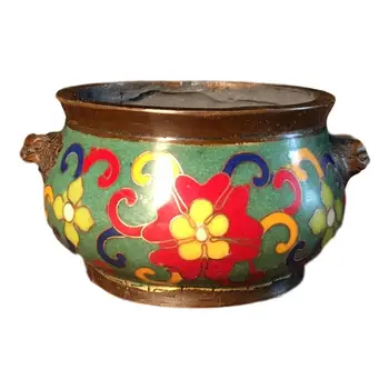 

LaoJunLu Pure Copper Scene Red Petals Flat Bottom Small Blue Incense Burner Imitation antique bronze masterpiece collection of