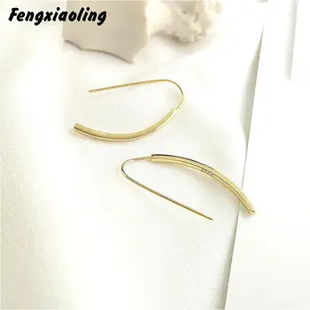 

Fengxiaoling Simple Personality Curved Lines Letter 18k Gold Drop Earrings For Women 100% 925 Sterling Silver Elegant Jewelry