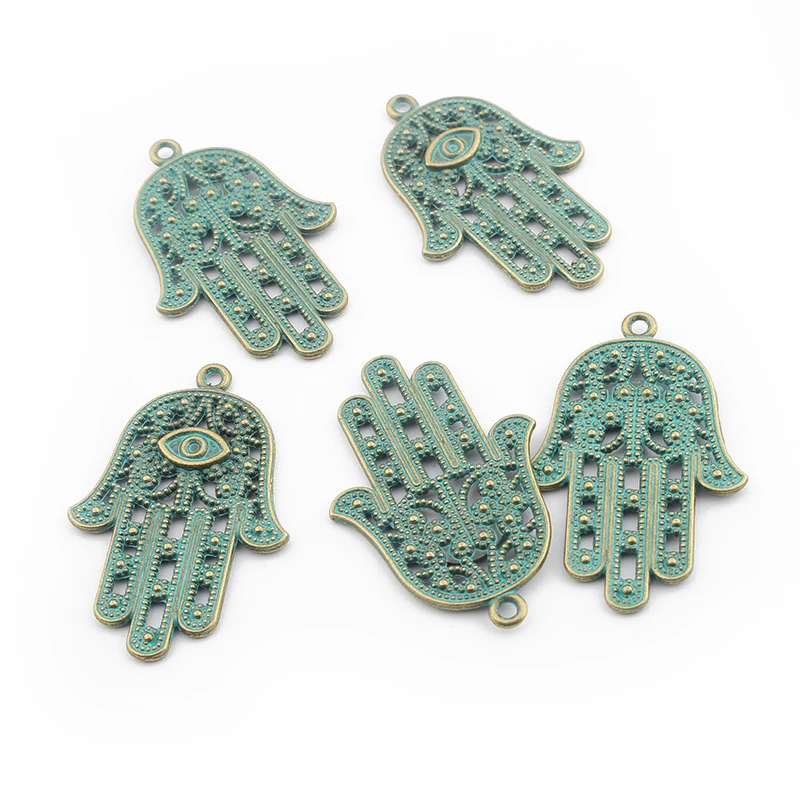 10 шт Verdigris Patina Eye Hamsa Hands Fatima пальмовые Подвески для DIY ожерелья ручной работы