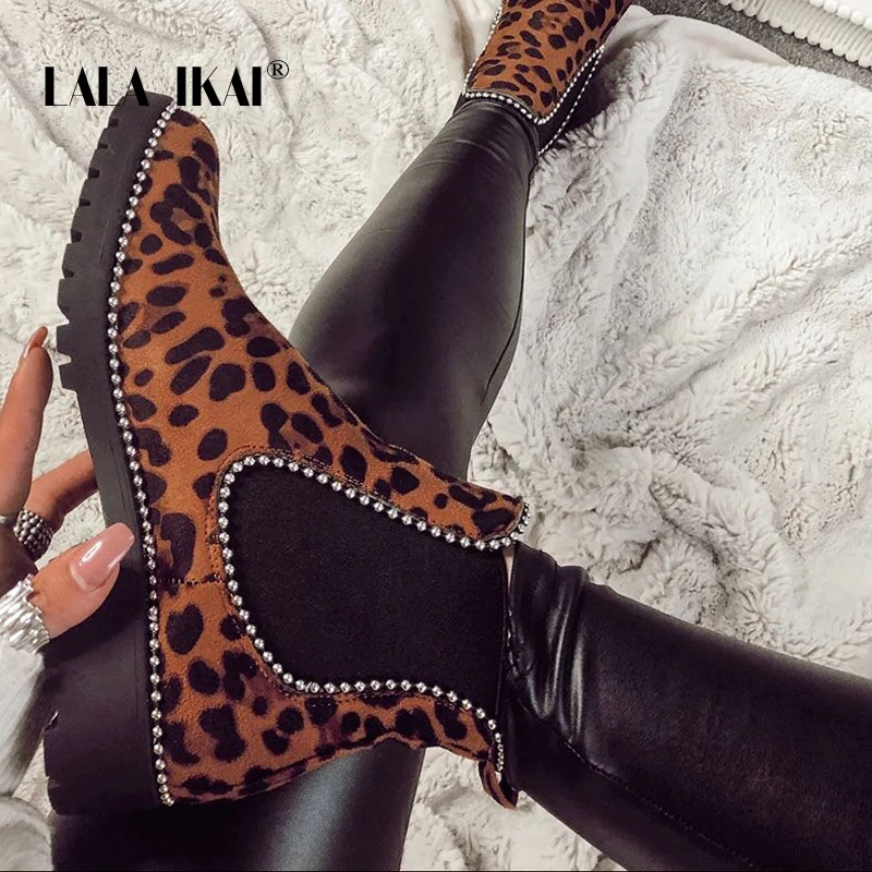 Najtaniej LALA IKAI botki damskie zimowe odkryte Leopard stado ciepłe buty damskie średnie obcasy Casual Slip On zapatos de mujer XWA9587 4