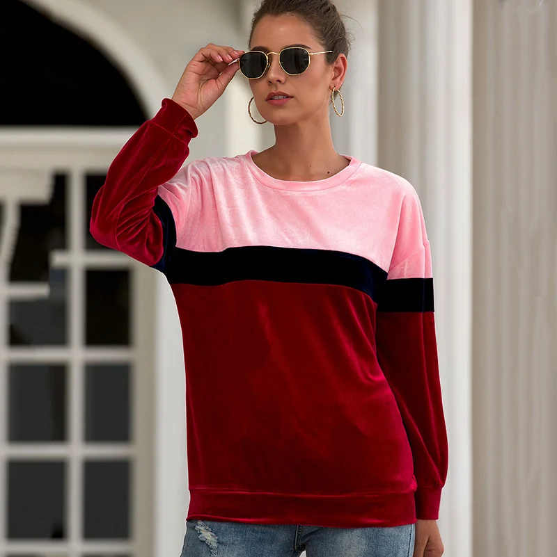 

2019 New Sweatshirt Women Long Sleeve O Neck Velour Patchwork Hoodie Women Autumn Winter Fashion Ladies Pullover Tops