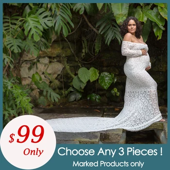 

3pcs/lot Stretch Lace Maternity Dress Maxi Long Sleeves Dress Pregnant Dress Maternity Photography Accessories Baby Shower Gown