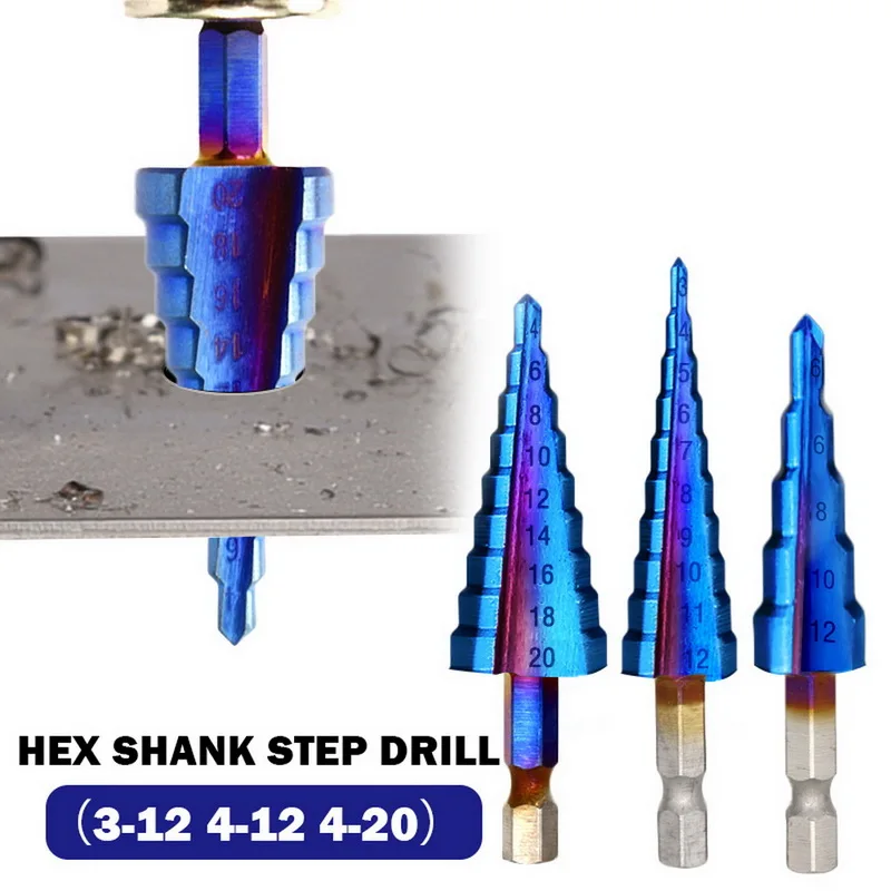 

3PCS Drill Bit HSS Spiral Groove Center Solid Carbide Drill P6M5 Super Blue Nano Coating Step Cone Drill Bit 4-12 / 20 mm