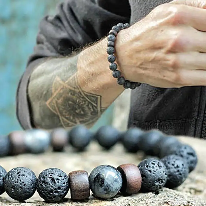 Volcanic Stone Bracelet for Men Lava Wooden 8mm Beads Bracelet Tibetan Buddha Wrist Chain Women Men’s Jewelry Gift Bracelets