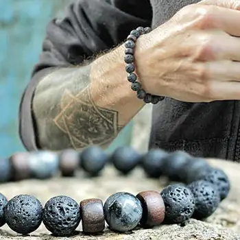 Volcanic Stone Bracelet for Men Lava Wooden 8mm Beads Bracelet Tibetan Buddha Wrist Chain Women Men’s Jewelry Gift Bracelets