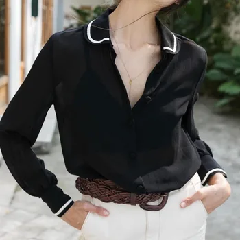 

100% Silk Casual Women Shirt Black and white color matching Long Sleeve Blouse Top