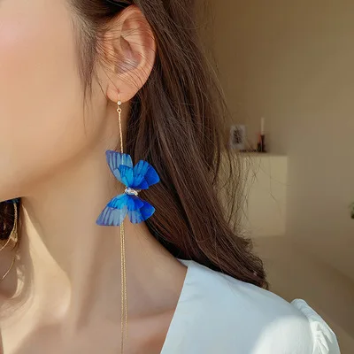Aesthetic Blue Butterfly Tassel Earring Pendientes Temperament Gauze Earpiece For Women | Украшения и аксессуары