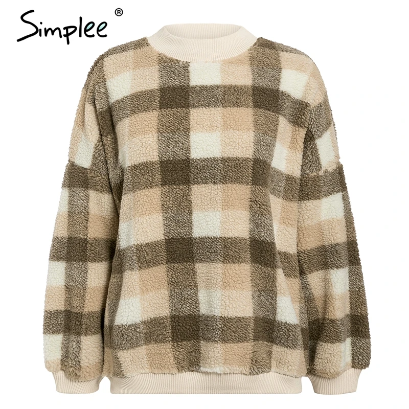 Simplee Casual lambswool plaid women hoodies sweatshirts O neck pullover loose female sweatshirt Autumn winter ladies warm coat - Цвет: Серый