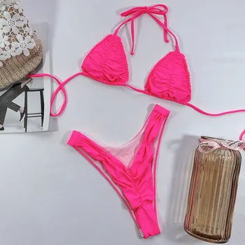 

Pleated Bikini Set Thong Swimming Suit for Women String Swimsuit Women Sexy Bikini 2020 Halter Sexy Bathing Suit Triangle
