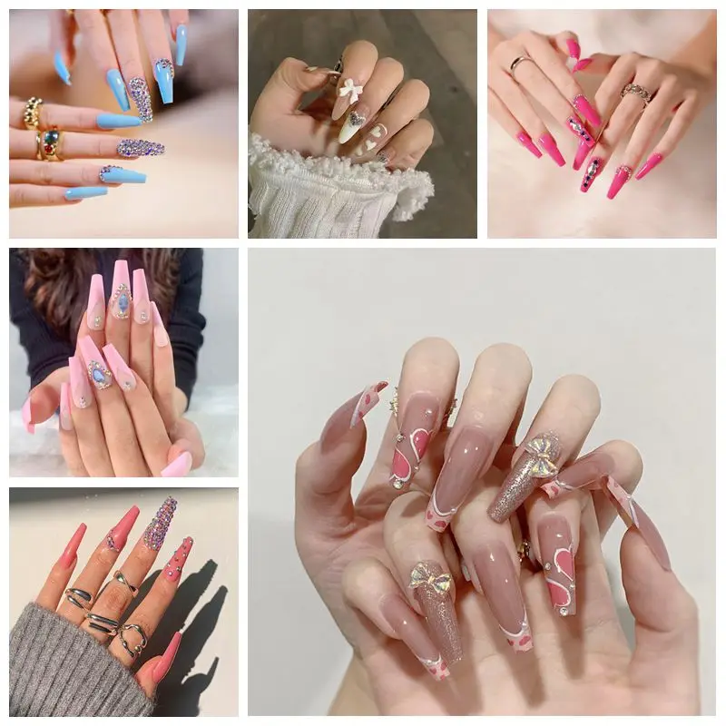 24pcs Beauty Rhinestone False Nail With Glue Polygel Stickon Nails