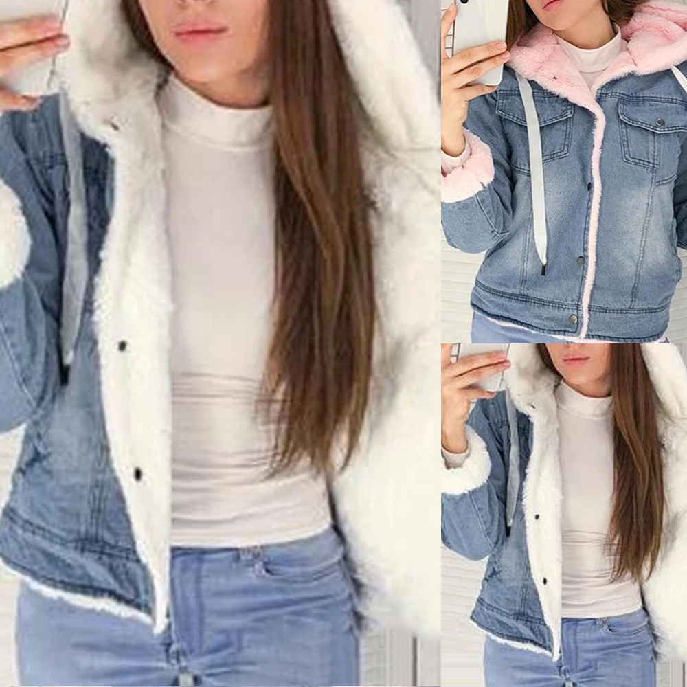 New Women Denim Jacket With Fur Winter Jeans Warm Hooded Velvet Jacket Femme Faux Fur Collar Padded Coats Bomber Windbreake