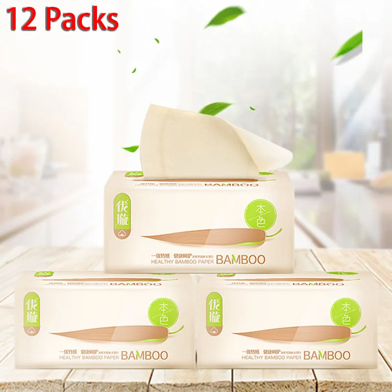 

12 Packs 3 Layers Household Tissue Bamboo Pulp Napkins Toilet Paper Soft Skin-friendly For Home/ Car/ Hotel