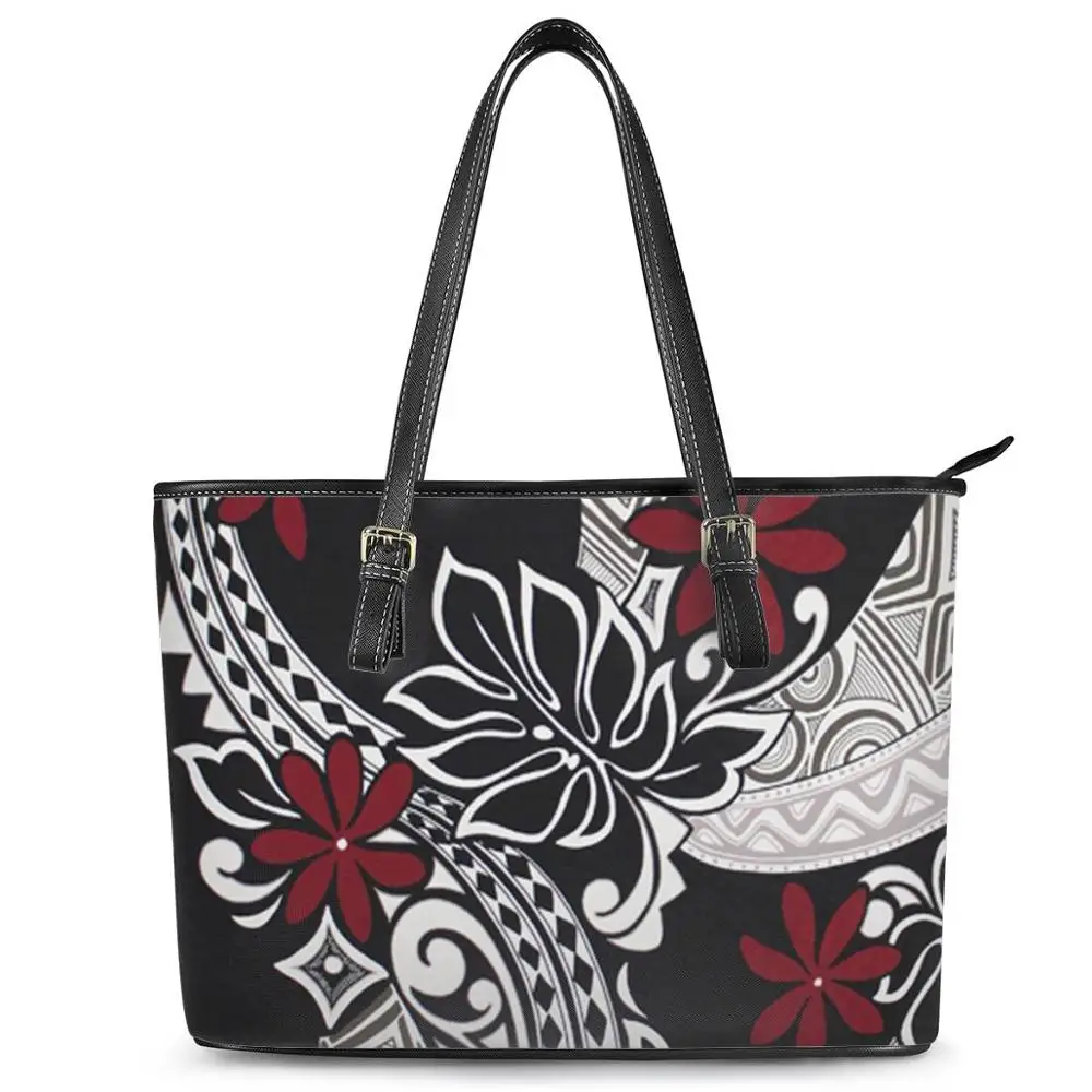 

Polynesian tribal style Hand Drawn Pattern Print custom Large Leather Tote Bag handbags Storage Women Shoulder Bag