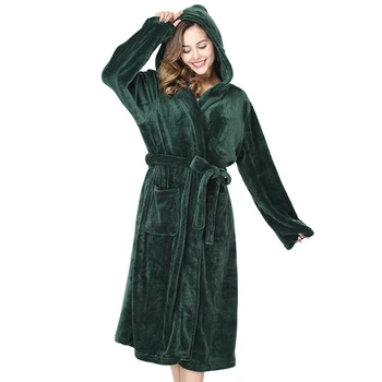

Hooded Flannel Warm Winter Sleepwear Kimono Gown Lady Green Robe Thicken Coral Fleece Nightwear Nightgown Casual Soft Bath Gown