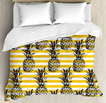 

Grunge Duvet Cover Set Retro Striped Background with Pineapple Figures Vintage Hippie Graphic Bedding Set Black and Earth Yellow