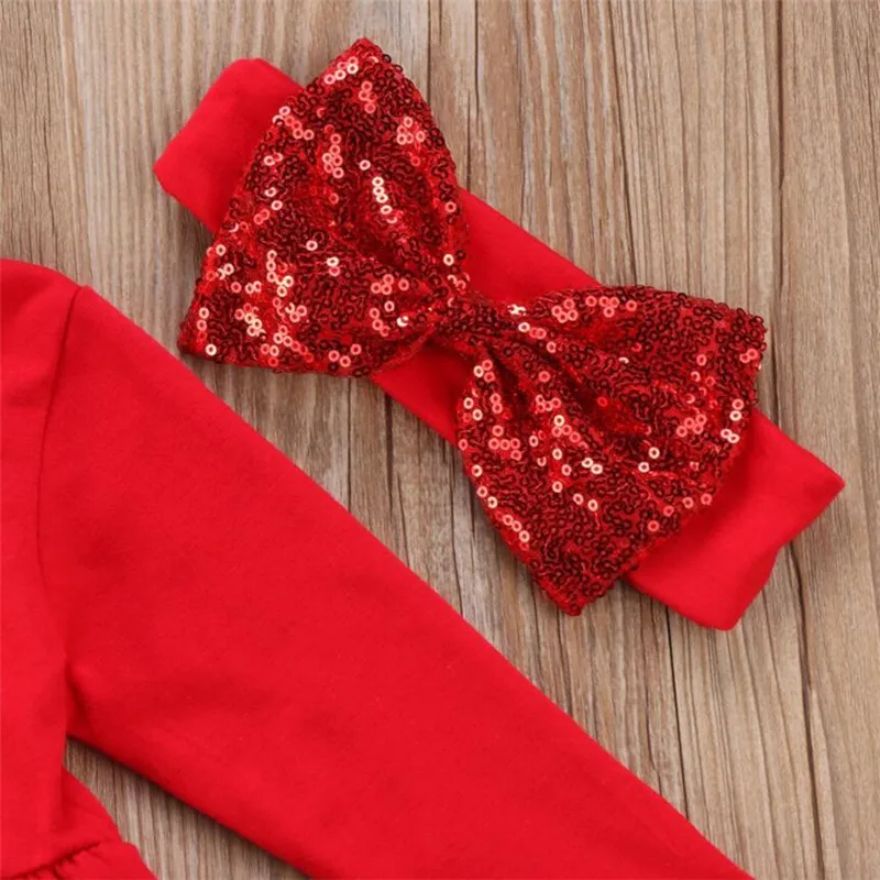 Рождественский наряд для девочек комплекты одежды для детей 3 предмета, футболка+ штаны+ повязка на голову, осенне-зимняя детская одежда с принтом От 1 до 5 лет