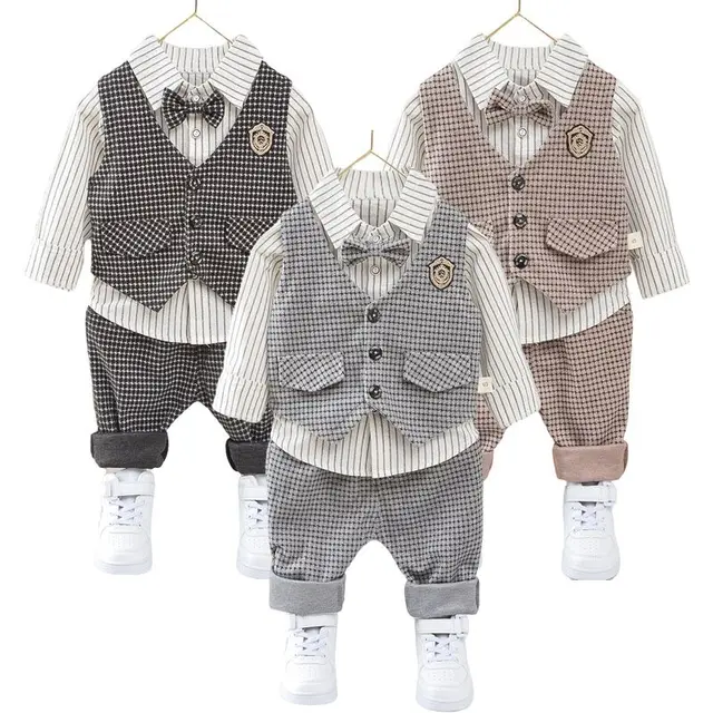 Enfants enfants Gentleman vêtements Costume anniversaire fête de mariage ensemble élégant bébé garçon tenue décontracté chemise rayée gilet pantalon Costume 1