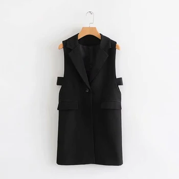 

Cthink Spring 2020 Hollow Out Side Slim Black Long Suit Vest Women Good Quality Pockets One Button Sleeveless Women's Vests Coat