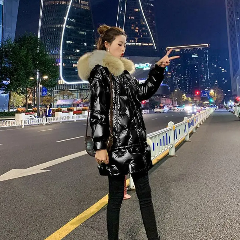 Maternity Winter Long Windbreaker Bright Face Down Padded Jacket New Pregnancy Woman Hooded Thicken Loose Parkas Big Fur Collar
