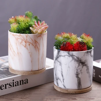 

2pcs Marble Plant Flower Pot with Tray Nordic Ceramic Round Green Plant Succulents Pot with Hole Home Office Desktop Mini Decor