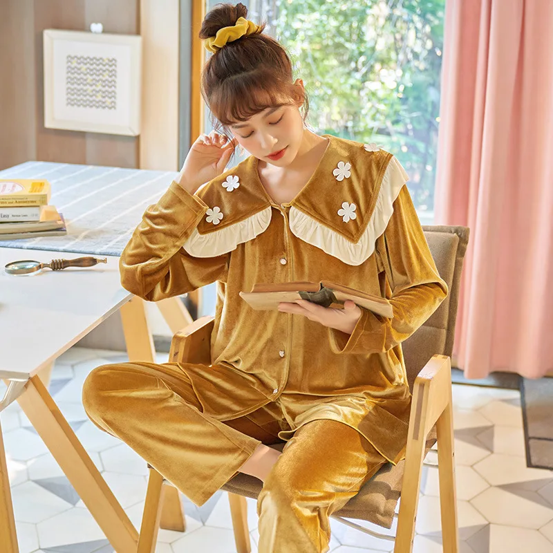 

Cosplay Korean-Style Princess-Style Pajamas Women's Sweet Lace-Trim Pleuche Long-Sleeved Japanese Cardigan Two-Piece Set