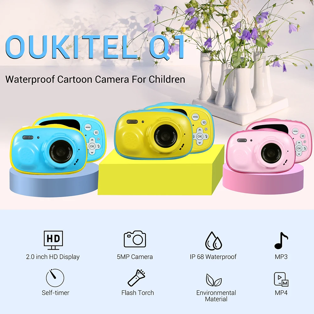 OUKITEL Q1 мини Детская Цифровая камера 5MP ips дисплей IP68 водонепроницаемый Встроенный перезаряжаемый аккумулятор подарок на день рождения для детей