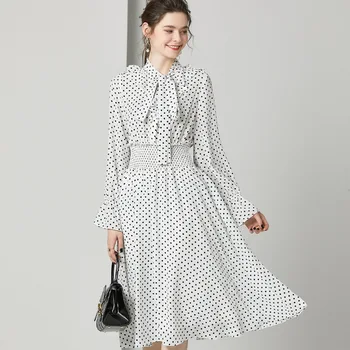 

Polka Dot Dress Spring Women's Fashion 2020 New Lace-up Bow Collar Flare Sleeve Ruffles Elastic Waist Slim Dress Female S-XL