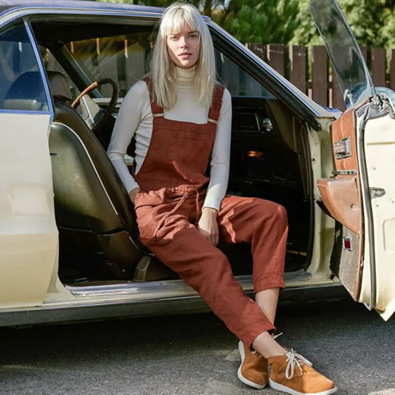 

Solid Loose Jumpsuits Women Casual Cotton Linen Strap Loose Rompers Streetwear Female Vintage Lace-up Pockets Trousers Plus Size