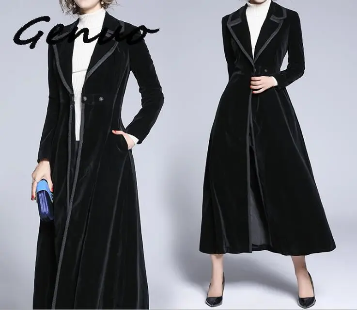 Новинка, зимнее дизайнерское женское винтажное пальто с зазубренным воротником, черное вельветовое длинное пальто, плотное теплое длинное пальто, верхняя одежда