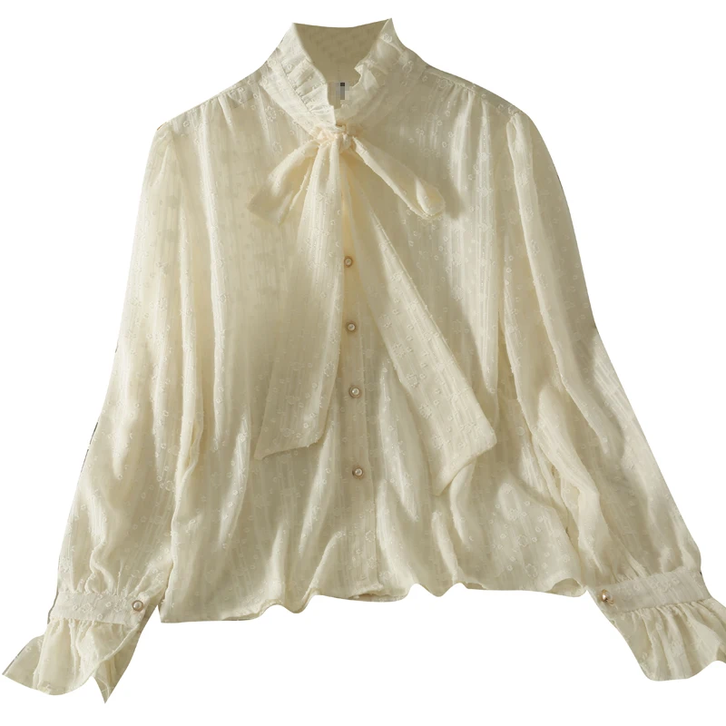 

Осенняя яркая шелковая шифоновая рубашка с бантом и высоким воротником и длинными рукавами