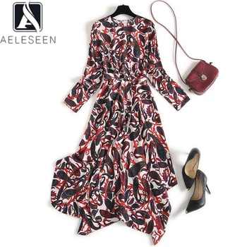 

AELESEEN Vintage Irregular Dress 2020 Spring Summer Fashion Women Dress Long Sleeve Flower Print Elegant Midi Party Dress