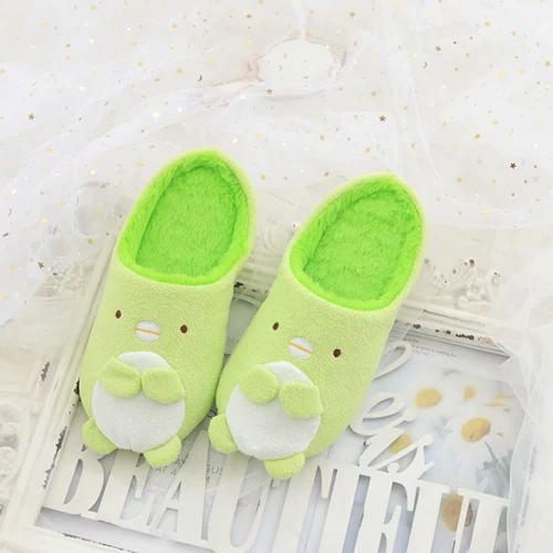 Мультфильм Sumikko urashi плюшевые пушистые тапочки женские пушистый мех тапочки домашние тапочки женская обувь на плоской подошве - Цвет: Зеленый