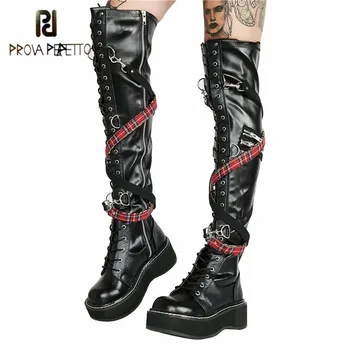 

Prova Perfetto Fashion Solid Color Microfiber Women Thigh High Boots Cross-tied Rivet Metal Decoration Non-Slip Vulcanized Shoes