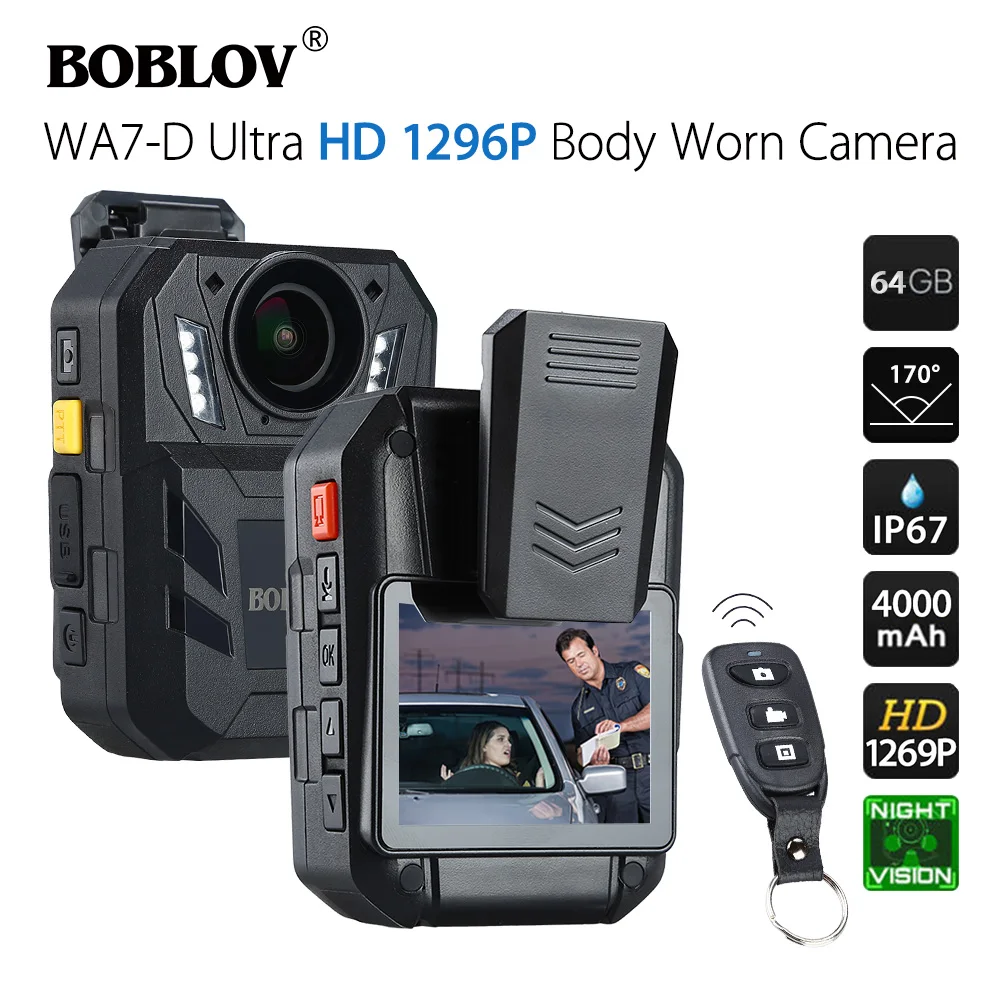 BOBLOV WA7-D 64GB Police Camera GPS Ambarella A7 4000mAh Battery Mini Comcorder DVR HD 1296P Remote Control Body WornCam Policia