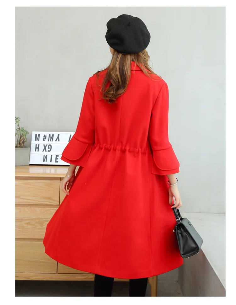 Autumn And Winter New Style Korean-style Long Sleeve Fold-down Collar Loose-Fit Flounced Sleeves Long Drawstring Duffle Coa