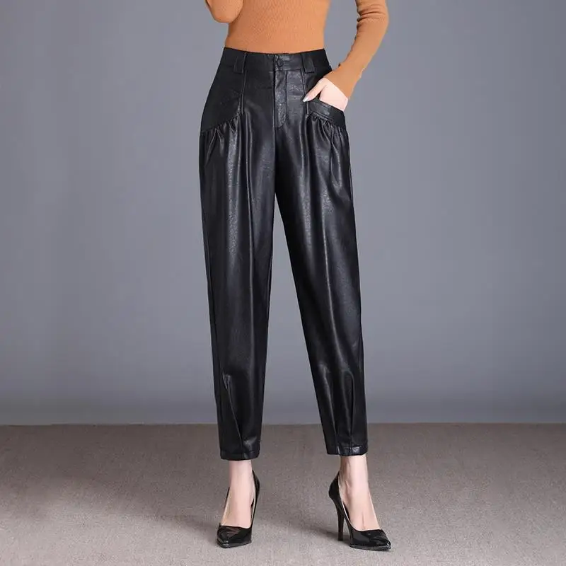 S-4XL Pants & Capris Harem Pants Women Leather Pants Streetwear High Waist Winter Pant Plus Size Trouser Vintage Black Pants 01E S-4XL Pants & Capris Harem Pants Women Leather Pants Streetwear High Waist Winter Pant Plus Size Trouser Vintage Black Pants 01E