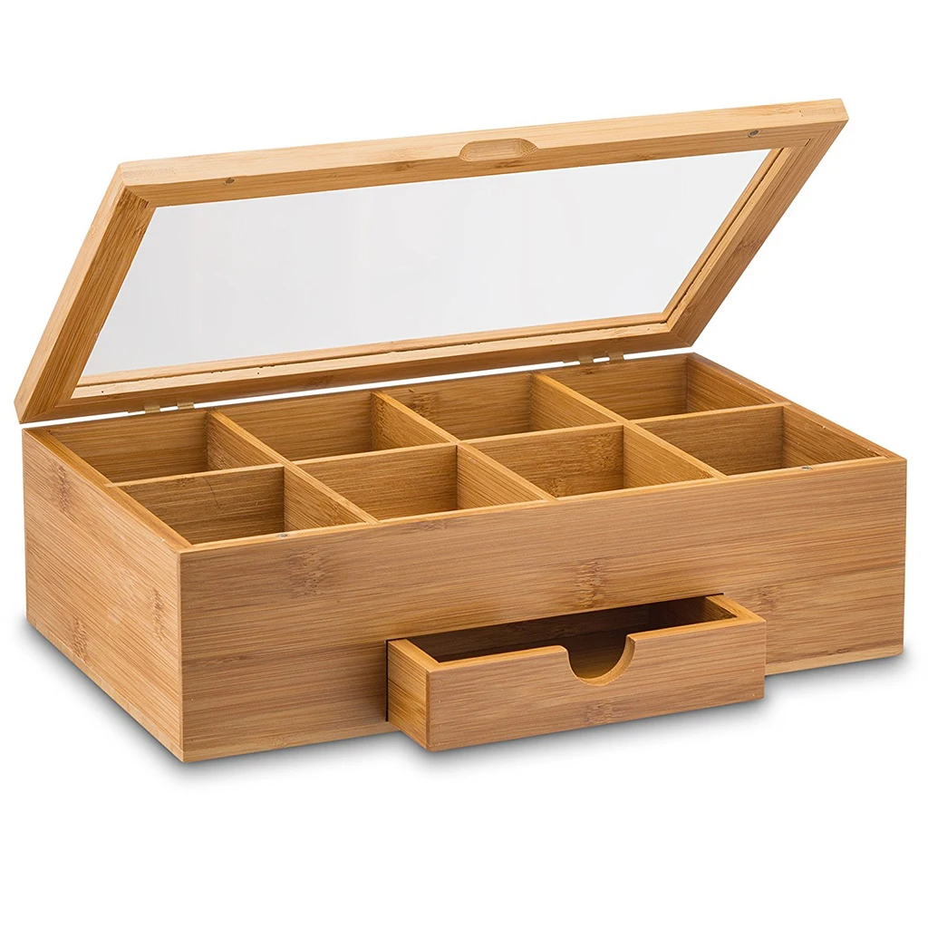 

Wood Simply Tea Organizer Bamboo Tea Box with Small Drawer 100% Natural Bamboo Tea Gift Idea Drop Ship Support