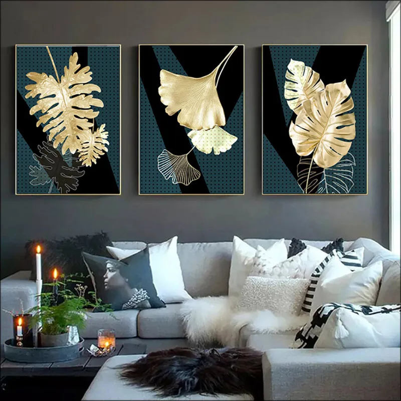 

Canvas gold plantleafpostergold foilmodern paintingabstract lightluxury decoration mural printing restaurant creative oilcloth