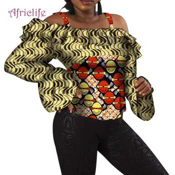 

Long Sleeve Top African Wax Cotton Fabric Patchwork Adjustable Shoulder Strap Slim African Women Clothing Top WY4286