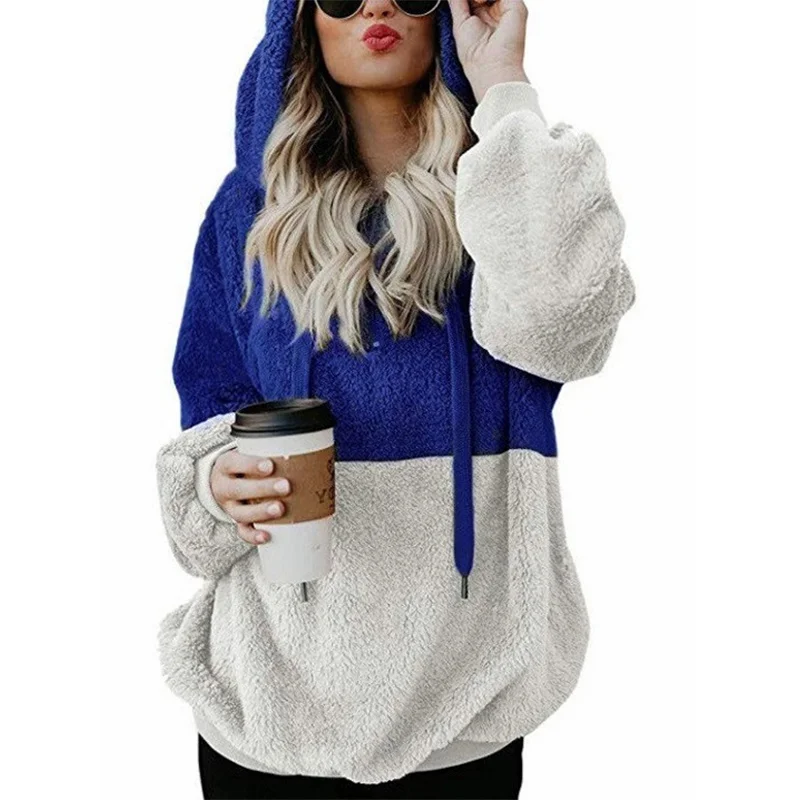 

New Women Oversized 5XL Hoodie Sweatshirt Winter Coat Autumn Patchwork Pullovers Hairy Long Sleeve Hooded Women's Velvet Jacket